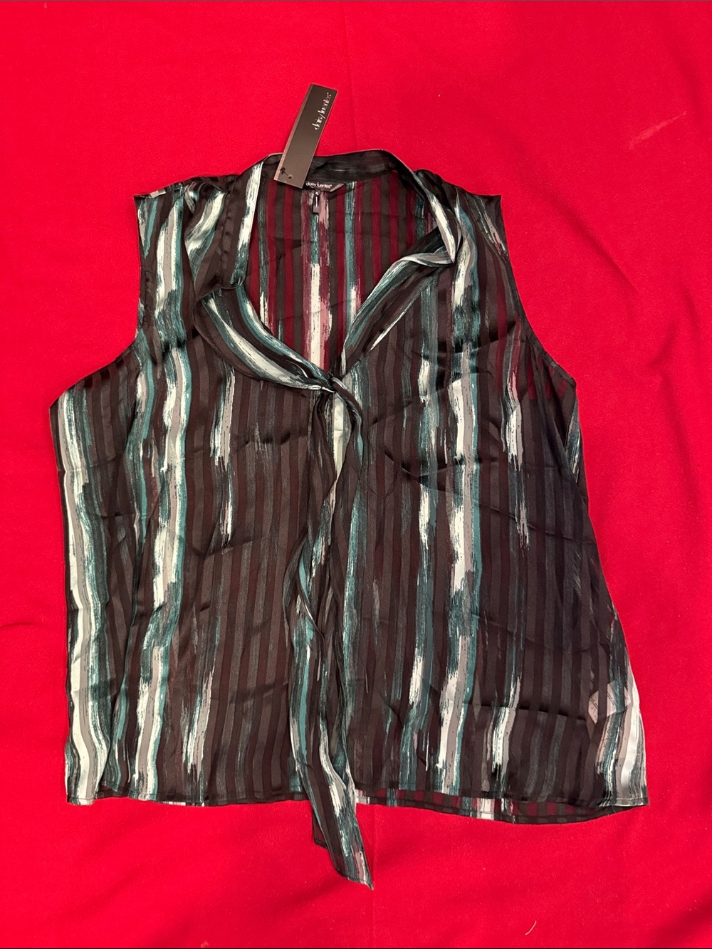 Daisy Fuentes Sleeveless Tie-Neck Striped Blouse - Black, Teal, White NWT